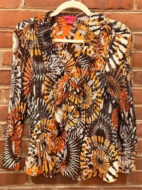 Y2K Sunny Leigh Orange Floral Ruffle V-Neck Accordion Blouse